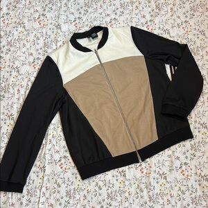 New Directions Varsity Bomber Jacket Black and Tan Color-Block